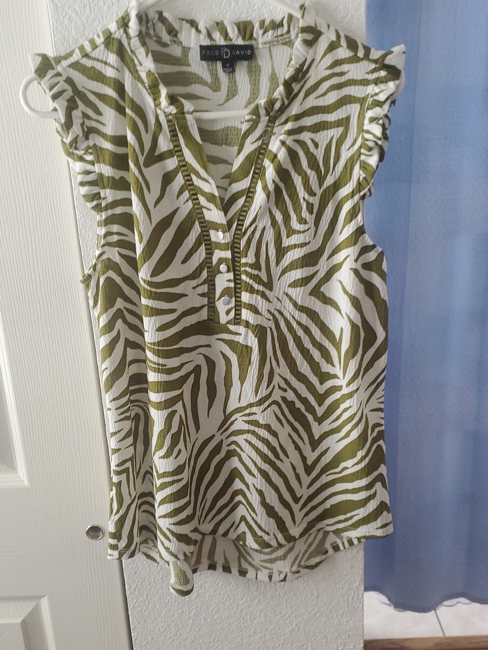 Fred Olive and White Zebra-Print Ruffled Cap-Sleeve Blouse